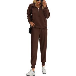 PRETTYGARDEN Long Sleeve Half Zip Sweatsuits Women 2 Piece Outfit Fall 2025 Casual Sweatshirt Sweatpants Lounge Set Tracksuit (Small, Coffee)