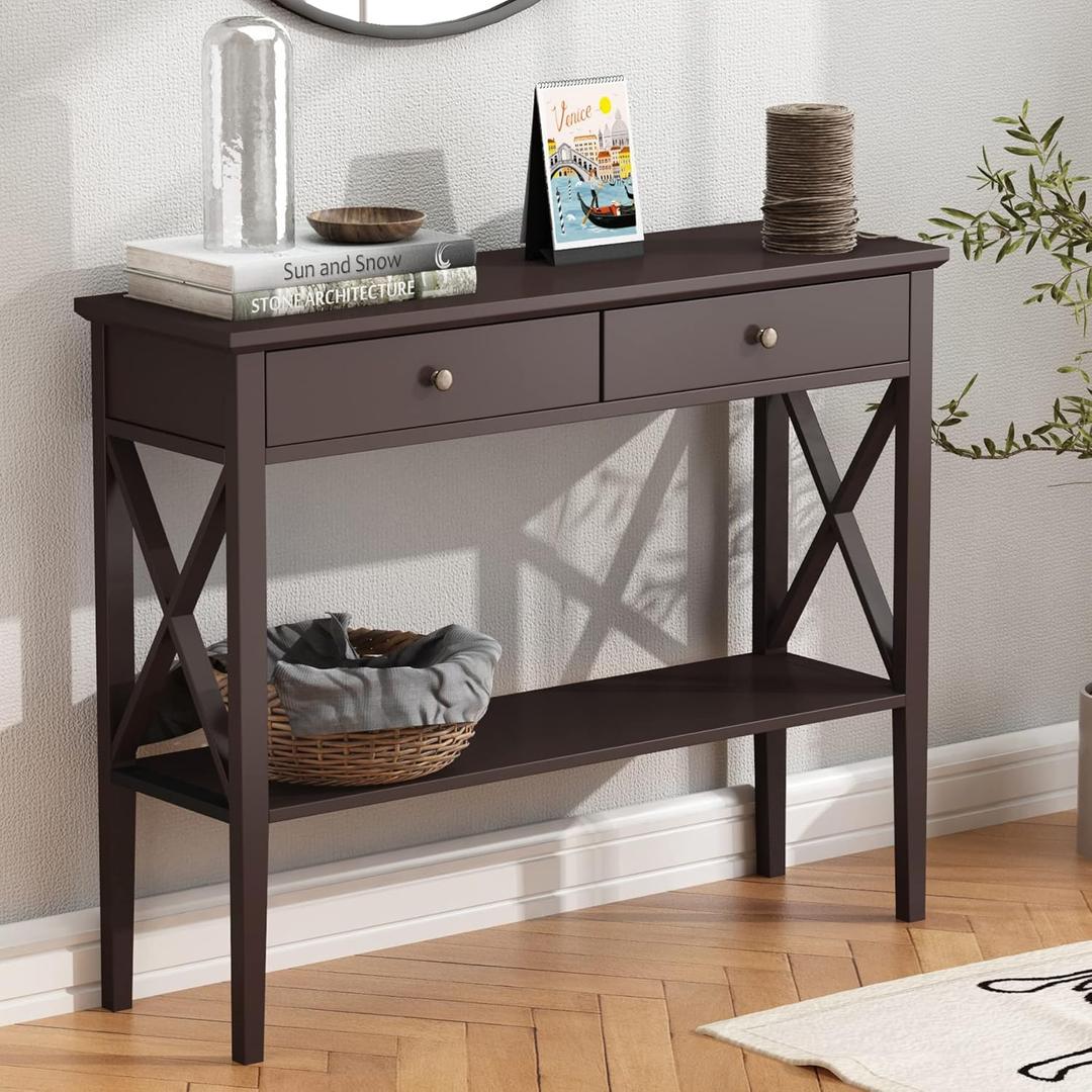 ChooChoo Console Table with Drawers, Narrow Wood Accent Sofa Table Entryway Table with Storage Shelf for Entryway, Front Hall, Hallway, Living Room, Espresso, 11.8"D x 39.4"W x 31.5"H