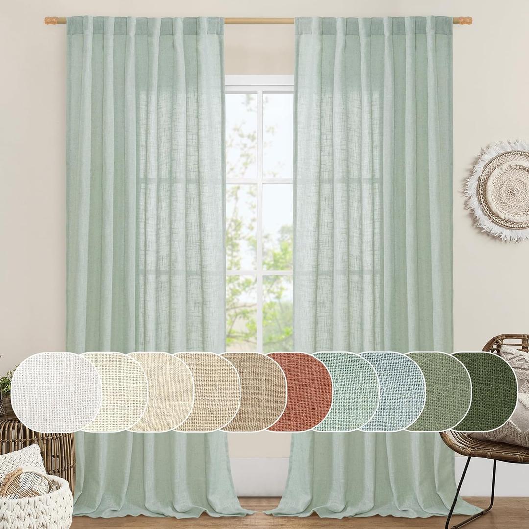 LAMIT Light Sage Linen Sheer Curtains for Bedroom, Faux Linen Textured Light Filtering Drapes Back Tab and Rod Pocket Boho Burlap Panels for Farmhouse/Living Room, 2 Panels, 52 x 84 Inch