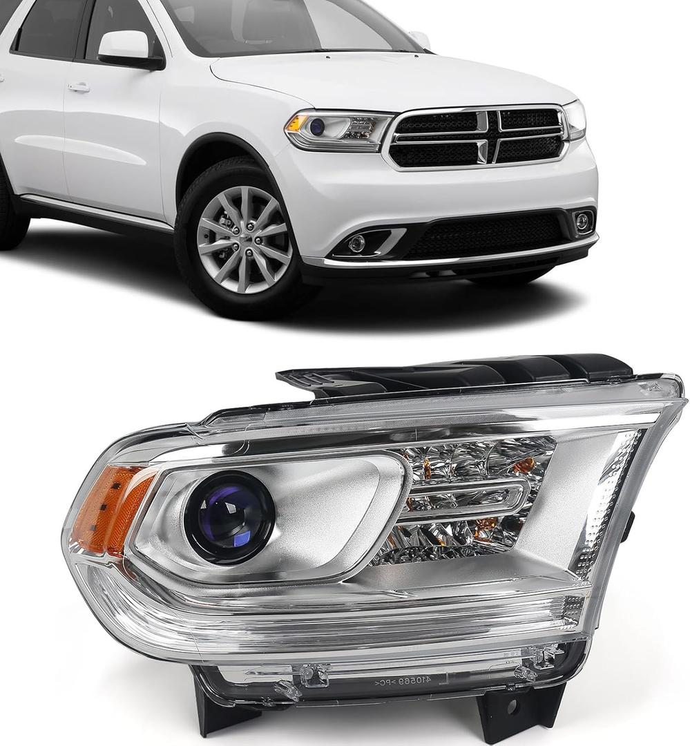 FIONE Halogen Headlight Assembly Compatible With Dodge Durango 2014-2020 Replacement Chrome Housing Headlights Without LED DRL Projector Passenger Right Side RH