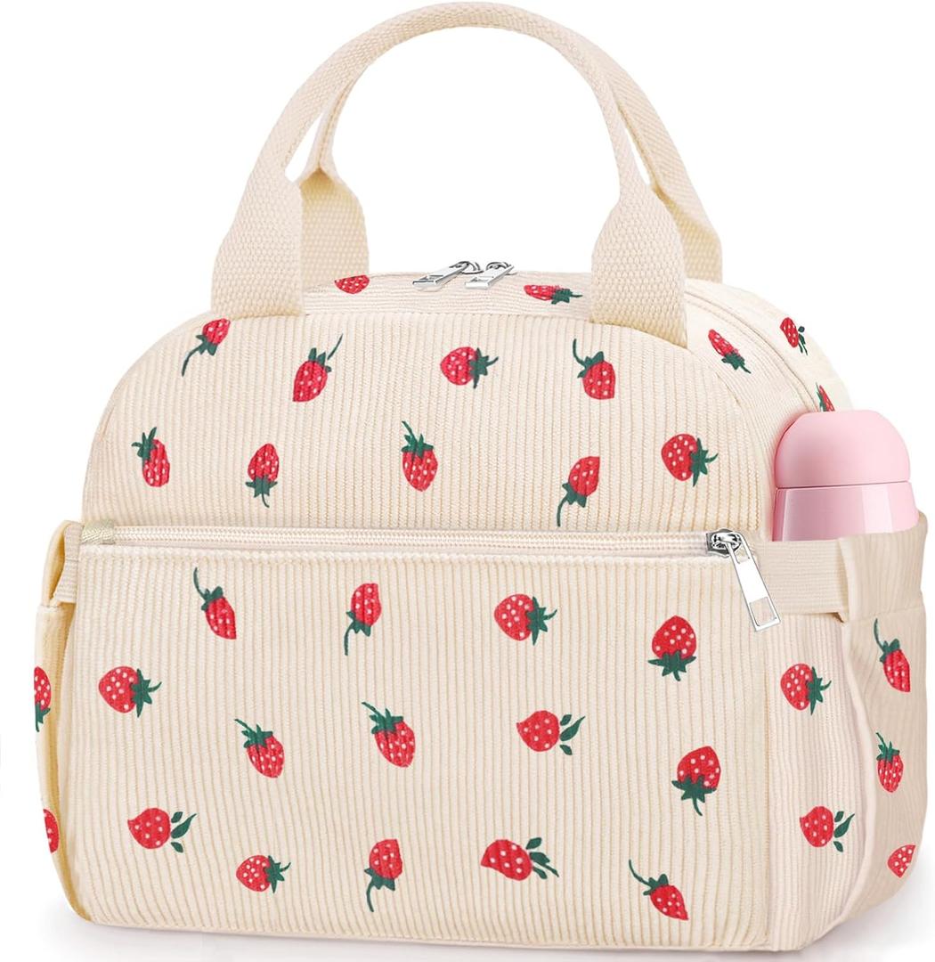 KUBYA Lunch Box for Women, Cute Strawberry Corduroy Insulated Lunch Bag Women Reusable Work Leakproof Simple Adults Large Lunch Boxes Tote Bag Men Cooler Bag