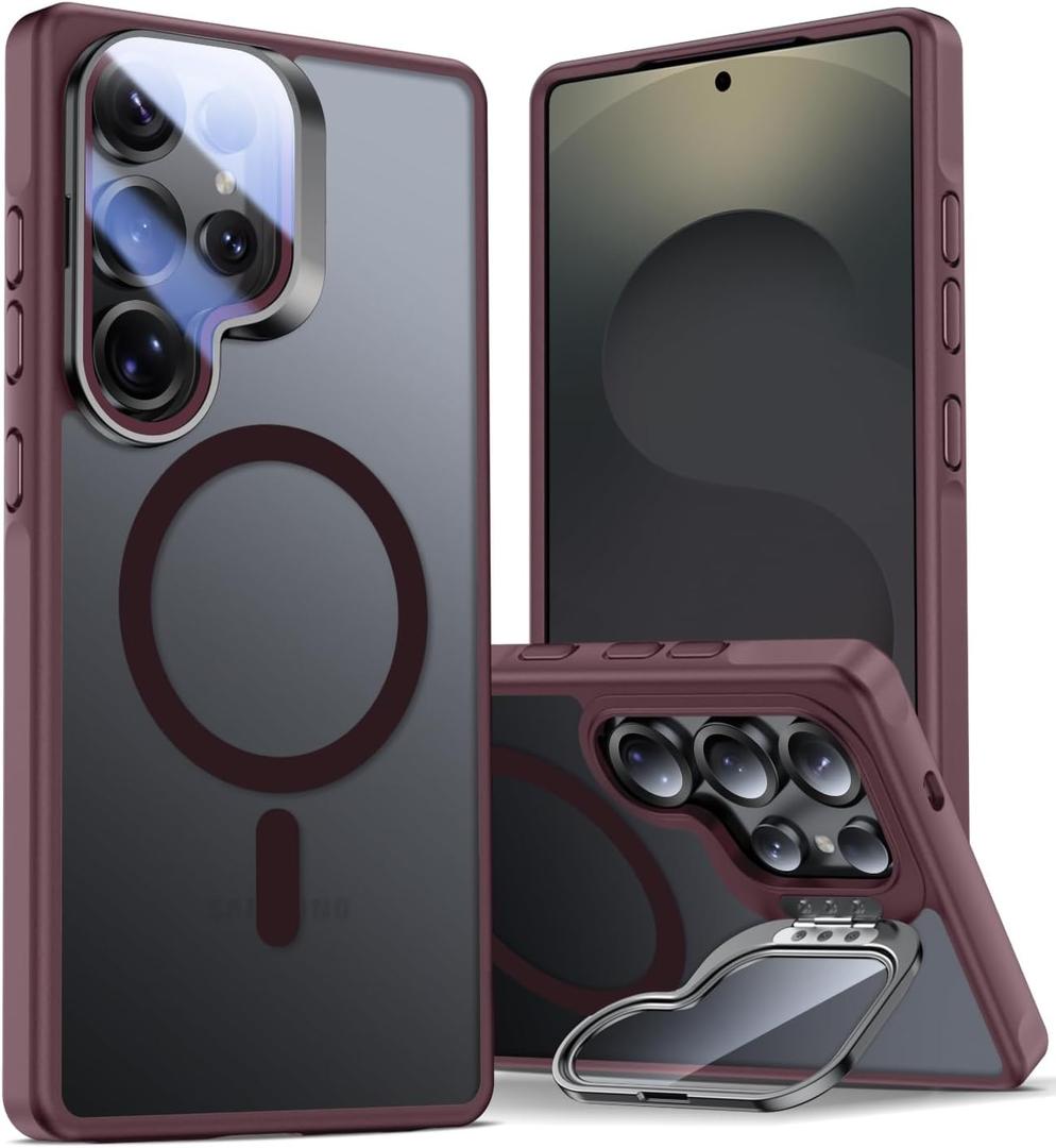 MAKAVO Magnetic for Samsung Galaxy S25 Ultra Case with Camera Cover Stand [Fit for MagSafe] [Military-Grade Protection] Translucent Matte Slim Shockproof Phone Case, Burgundy