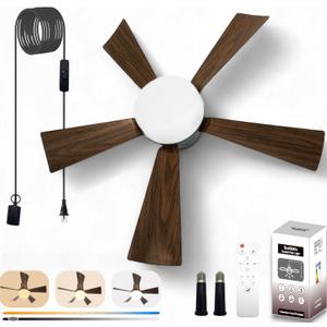 Socket Fan Light, 20.5", Plug in Ceiling Fan, Gazebo Fan, Outdoor/Indoor, 16.4 Ft Cord with Hook UL Listed, Ceiling Light with Remote (Dark wood color)