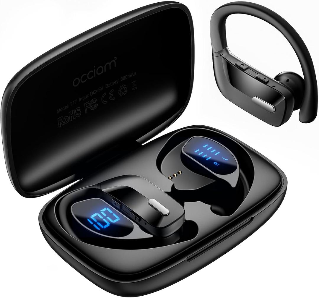 Occiam Sport Wireless Earbuds Bluetooth Headphones 80hrs Playtime Deep Bass Ear Buds with Earhook Noise Cancelling Mic Waterproof Earphones for Workout Running Black