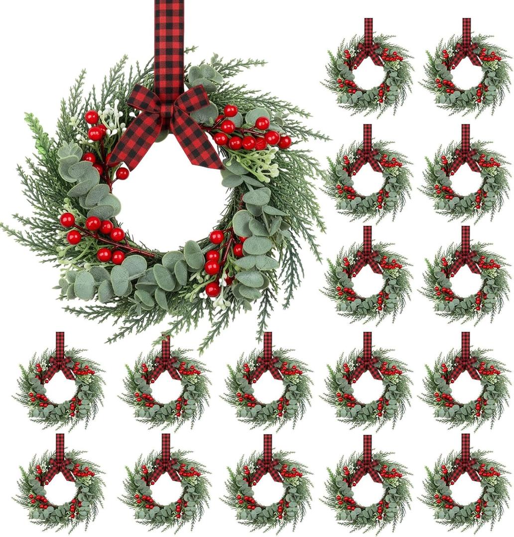 24 Pcs 8" Mini Christmas Wreaths for Kitchen Cabinet Small Christmas Candle Rings Wreaths, Front Door Pillars/ Home Table Centerpieces Hanging Garlands, for Windows/ Wedding Decor (No Red Ribbon)