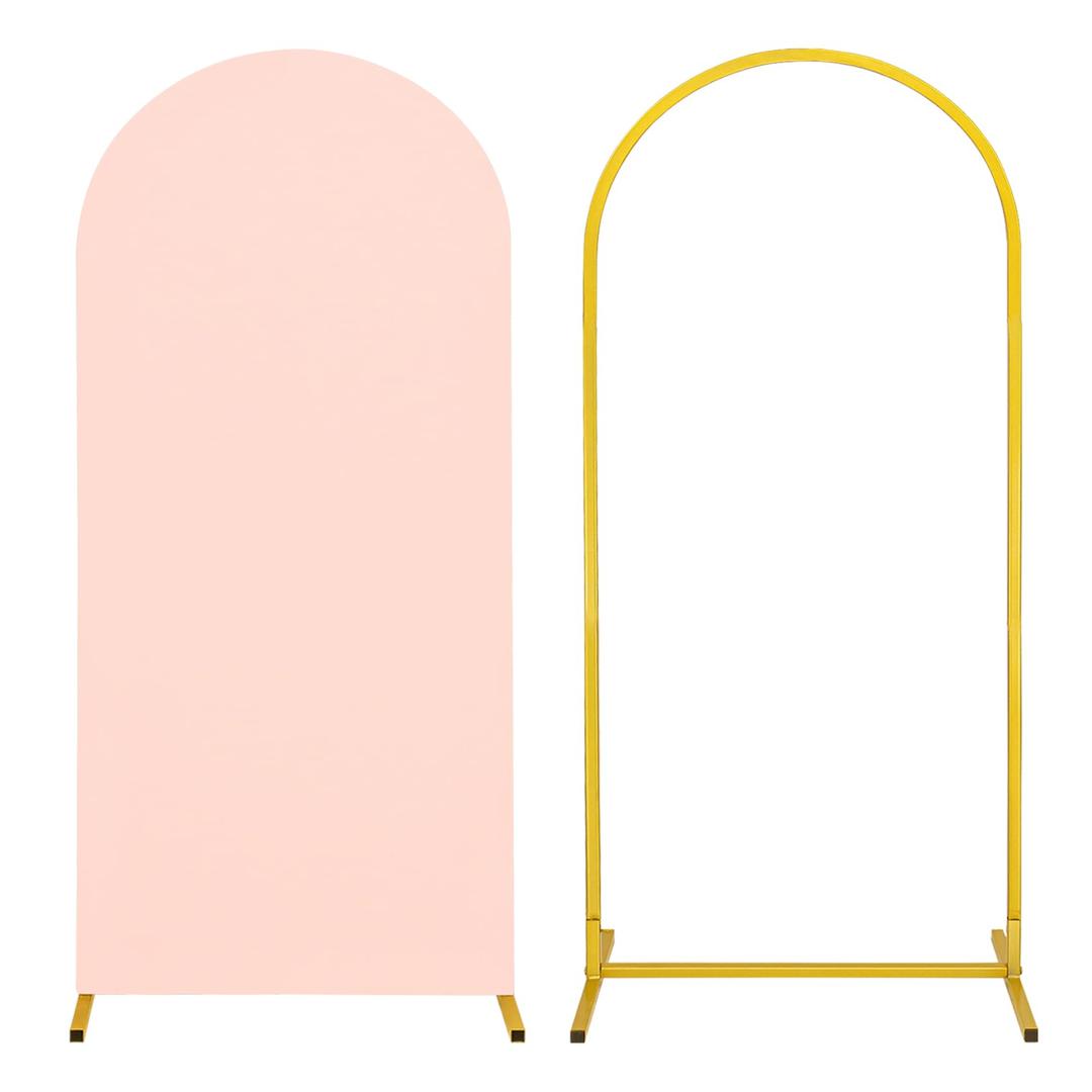 Metal Arch Stand and Cover Set,1 Light Pink Spandex Fitted Backdrop with 1 Gold Wedding Arched Stand Frame for Parties Birthday Baby Shower Bridal Banquet Decoration (6FT)