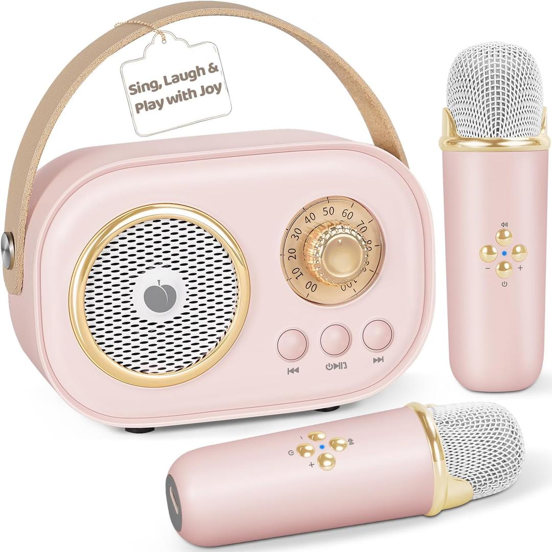PRUNUS C20 Mini Karaoke Machine,Valentines Day Gifts for Her Him Kids Mens,Portable Bluetooth Speaker with 2 Wireless Microphone for Boys Girls 3-12+ Years Old Birthday Party Pink.C20-Pink