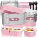 Mini Loaf Pans with Lids for Baking Bread Disposable, 50Pcs 6.8oz Mini Cake Pans with Lids and Spoons Pink Sticker & 30Pcs 10oz Square Aluminum Pans Kit, Dessert Foil Baking Cupcake Cups
