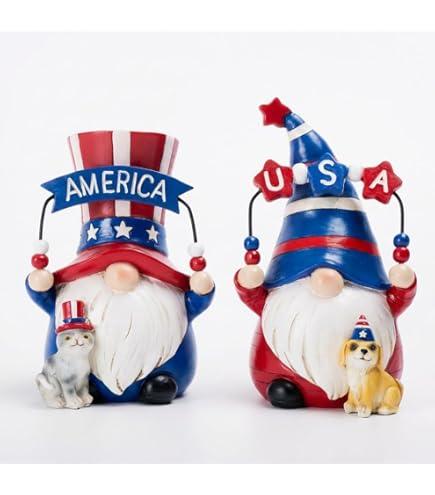 GoGnome 4th of July Gnomes Set of 2 - Handmade Resin Patriotic Gnomes Figurines for Indoor Independence Day Decorations (Patriotic)