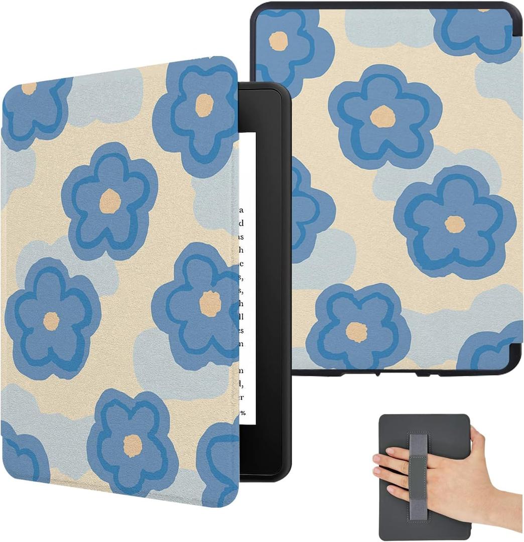 Cover for All New 6 Inch Kindle 2024 and 2022 (11th Generation) Cute Slim Lightweight Case - with Hand Strap - PU Leather with Floral for Women - Auto Wake/Sleep - Teal Blue Flower