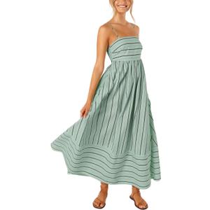 Shouyatou Women's Striped Back Smocked Maxi Dress Sexy Spaghetti Strap Cut Out Flowy Swing Long Dress, M