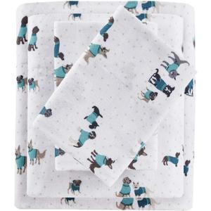 Intelligent Design Cozy Soft 100% Cotton Flannel Print Animals Stars Cute Warm, Ultra Soft Cold Weather Sheet Set Bedding, Queen, Teal Dogs 4 Piece