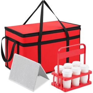 Insulated Food Delivery Bag Pizza Cooler Bag with Hard Bottom & Drink Carrier, Thermal Hot Cold Grocery Tote for Food Delivery, Travel, Shopping, and Catering (Red,23 x 15 x 14 Inch)
