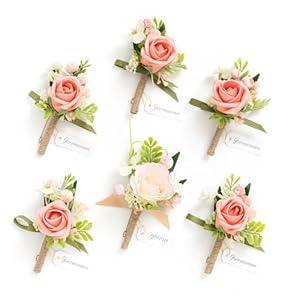 Ling's moment Boutonniere for Men, 6pcs Groom Groomsmen Boutonniere, Artificial Flowers for Wedding Decor/ Prom/ Homecoming, Blush Pink Coral )