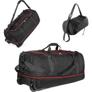 32" Soft-Sided Foldable Wheeled Duffle Bag, 110L Expandable 140L Rolling Travel Bag with Matching Storage Pouch, Updated Black-Red