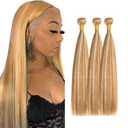 P27/613 Highlight Honey Blonde Bundles Human Hair Blonde Straight Bundles 20 22 24 Inch Unprocessed Brazilian Virgin Hair 3 Bundle 50 Gram Per Bundle Deals Quick Weave Hair Extensions