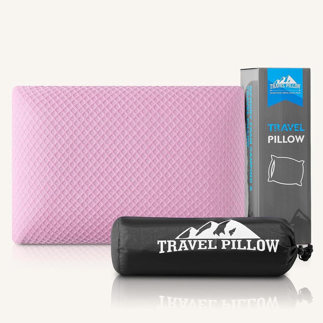 Travel Pillow Memory Foam Pillows, Camping Pillow-Compressible Medium Firm, Breathable Cover, Ideal Backpacking Hiking, Bed Pillows, Airplane and Car (Apricot Pink, M), M-17.7*11.8in