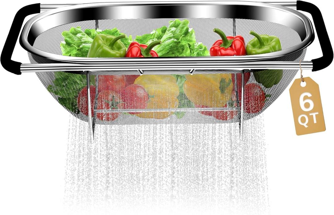Over the Sink Colander - Strainers and Colanders - Stainless Steel Strainer - Expandable Sink Colander with Rubber Grip for Strain, Drain, Rinse Fruits, Vegetables, Home Kitchen Essentials (Light Black)