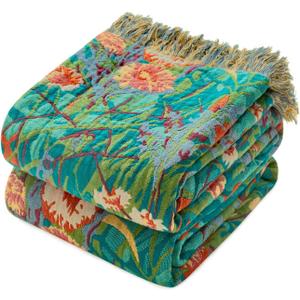 Boho Throw Blanket - 90"x90" 100% Cotton Ultra Soft Lightweight Spring Blanket, 4-Layer Breathable Muslin Blankets for Bed Couch, Reversible Green Floral Printed Bohemian Cotton Quilt