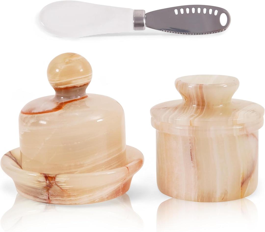 White Onyx Marble Butter Keeper and Butter Dish with Lid, Handmade French Butter Crock for Countertop, Elegant Kitchen Storage & Dining Dcor