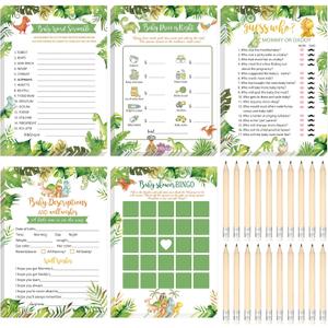 Yinder 145 Pcs Dinosaur Baby Shower Games Girl or Boy Activities Cards Baby Bingo Description and Wishes Guess Who Mommy or Daddy Price is Right Word Scramble Game