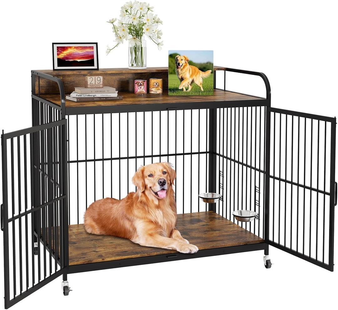 Garvee Dog Crate Furniture with Adjustable Height Feeder, Heavy Duty Dog House for Medium Dogs with 360Wheels for Easy Mobility, Decorative End Table Design