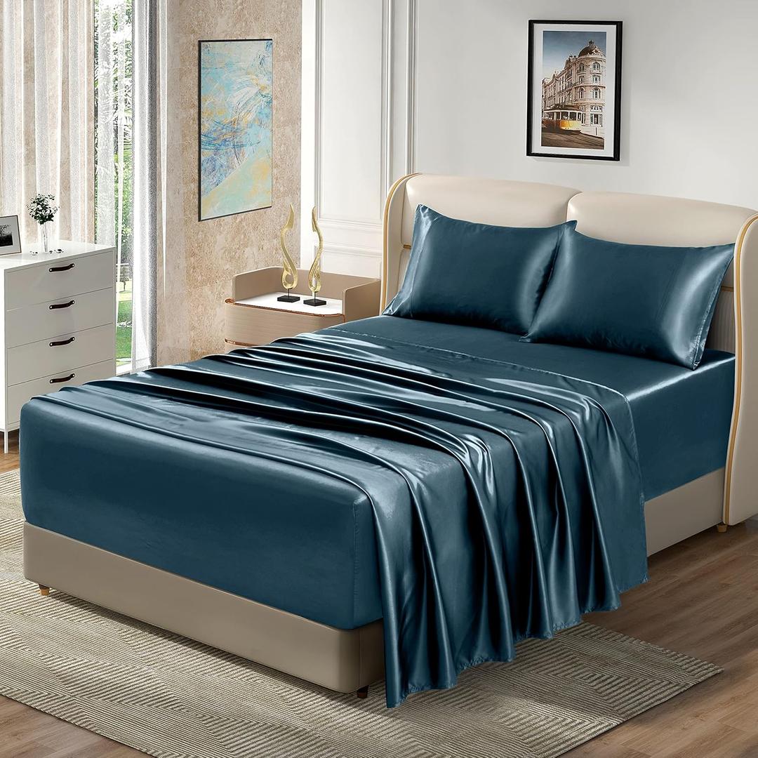 Homiest 4pcs Extra Deep Pocket Satin Sheets King Size Bed Set, 18-24 Inch Deep Pocket Bed Sheets Deep Sea Blue Satin Sheet Set, Silky Satin Bedding Set Soft Fitted Sheet Set Fits Ultra Deep Mattress