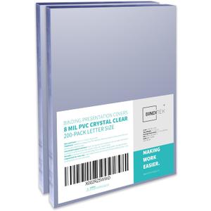 Binditek 200 Pack 8 Mil PVC Clear Binding Covers, 8.5 x 11 Inches, Letter Size, Square Corners, Un-Punched, Office Supplies