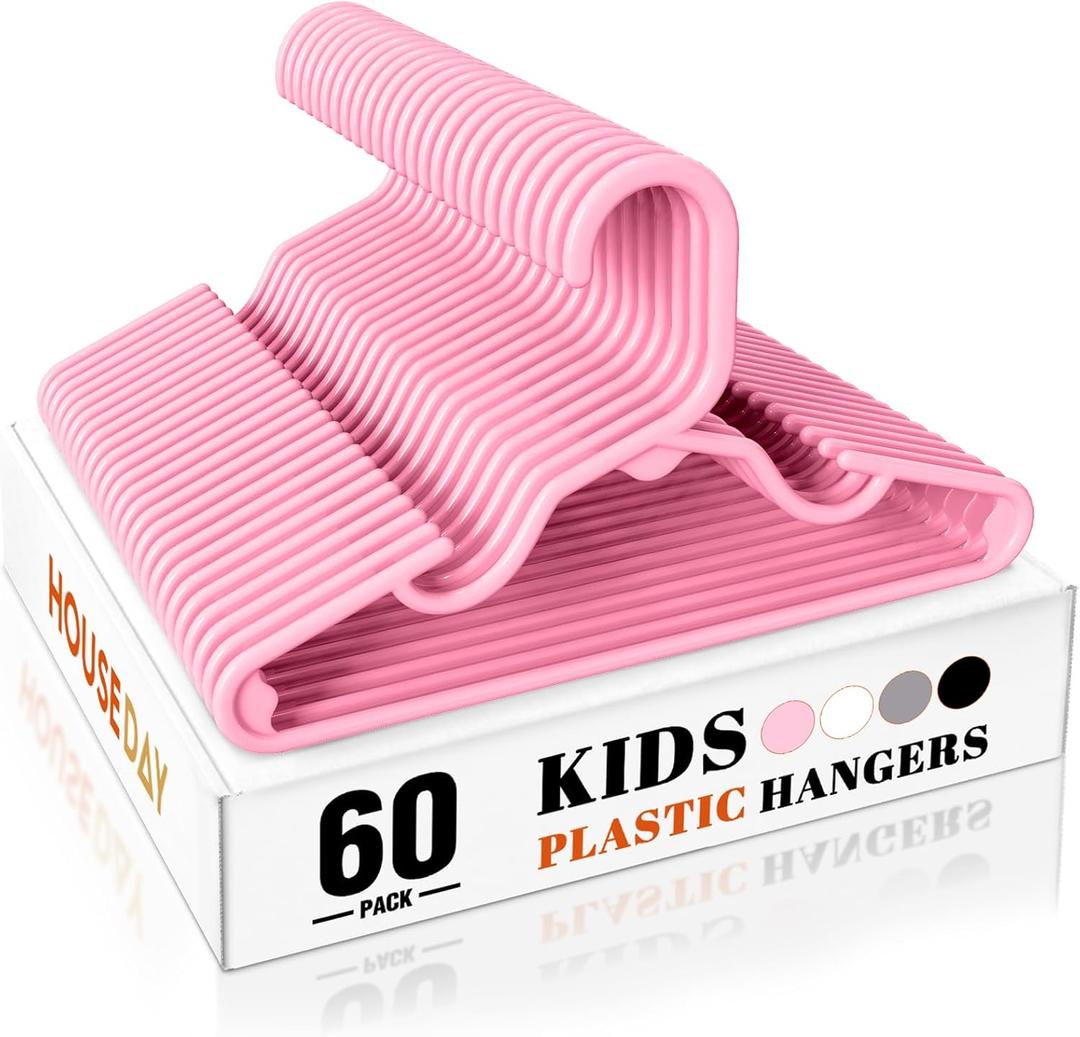 HOUSE DAY Premium Baby Hangers 60 Pack, 11 Inch Kids Plastic Hanger Pink, Slim Childrens Hangers for Infant, Toddler, and Child Clothes, Durable Baby Clothes Hanger for Closet