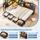 Twin Bed Frames with 5 Storage Drawers and Bookcase Headboard, Twin Size Metal Platform Corner Bed Frames for Kids Teens Daybed with Charging Station and LED Lights for Living Room, Bedroom, Black