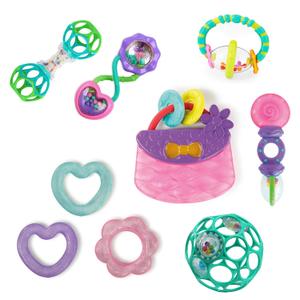Bright Starts Everything Nice Teething Toys 9-Piece Set - BPA-Free Rattles and Chillable Teethers, Purple and Pink Baby Toys, 3 Months+ (9-Piece Gift Set)