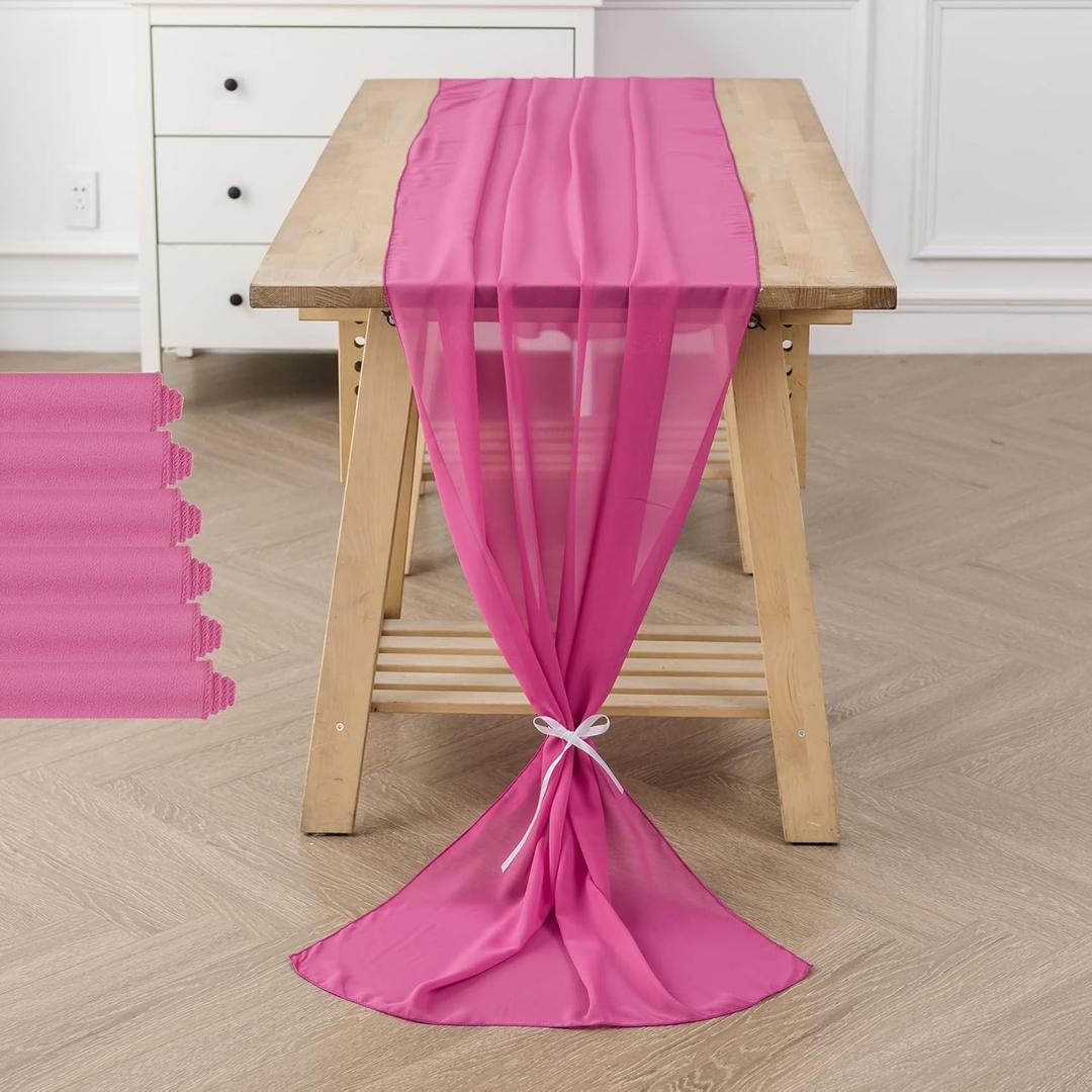 6Pack 10ft Chiffon Table Runner 29x120 Inch Sheer Romantic Table Runner for Wedding Birthday Party Bridal Shower Outdoor Decoration-Fuchsia