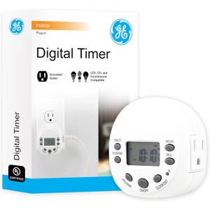 GE 7-Day Programmable Indoor Digital Timer, 1 Grounded Outlet, Weekly / 7 Day Cycle Plug for Electrical Outlets, 125 VAC Light, Plug, Lamp, White, 1 Pack, 15150