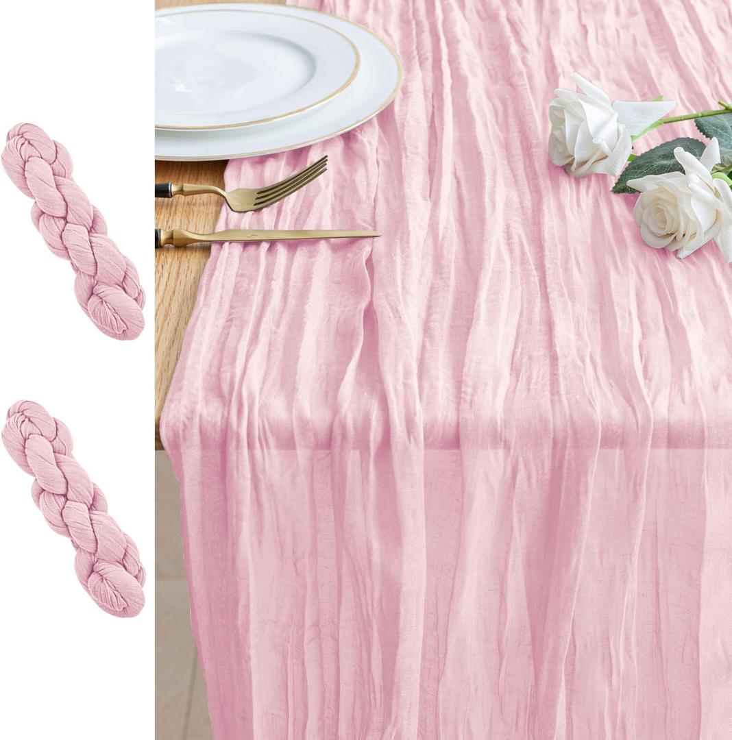 2PCS Table Runner Cheesecloth 10FT Blushing Pink Boho Gauze Cheese Cloth Rustic Sheer Table Runners for Summer Wedding Bridal Baby Shower Party Decoration
