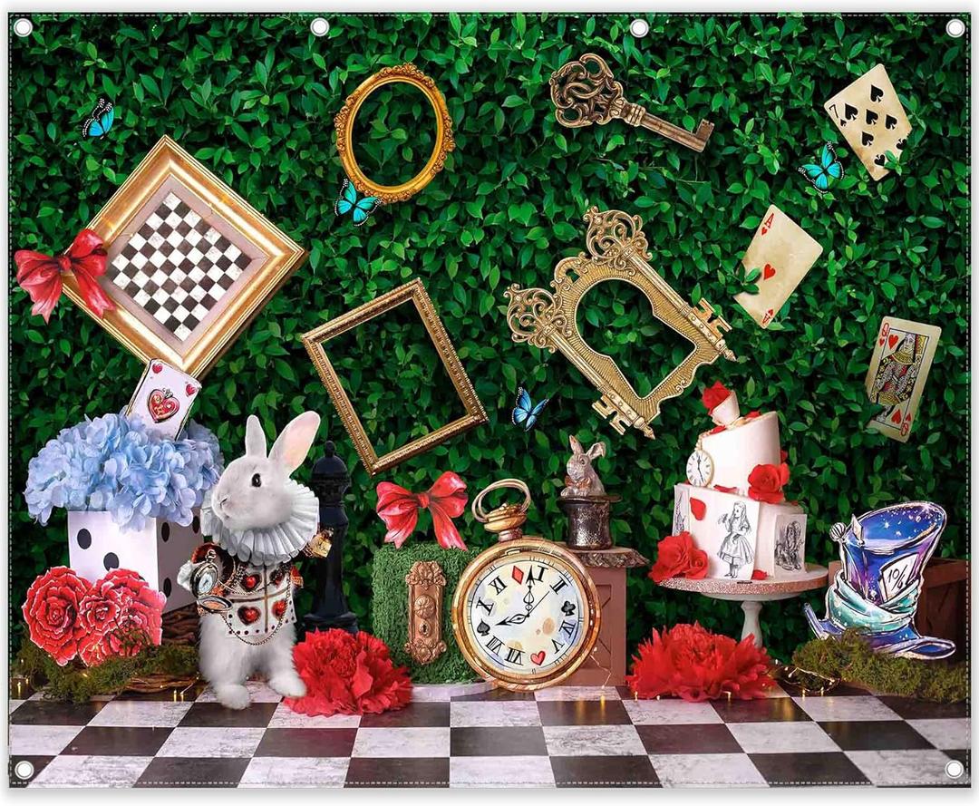 10x8ft Fabric Wonderland Enchanted Tea Party Photography Backdrop Kids Fairy Tale Green Grass Birthday Background Checkerboard Rabbit Photo Tapestry Props