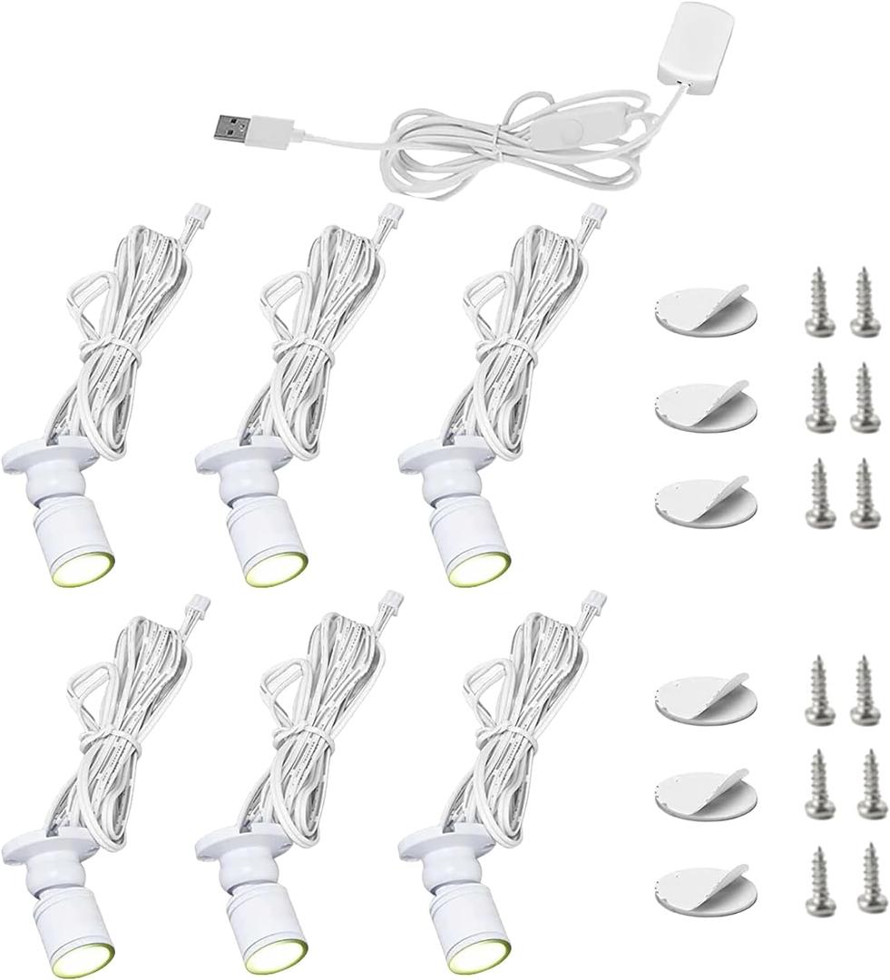 6 PCS Mini LED Spotlight for Display Cabinet, Aluminum USB Showcase Lights with Dimmer, 5V 1W Rotatable Jewelry Display Lighting for Painting Plant Picture (Warm White 3000K, White)