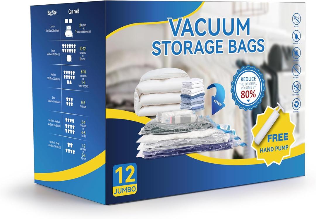 12 Jumbo Compression Storage Bags, Vacuum Storage Bags, Space Saver Bags for Comforters, Blankets, Bedding, Pillows and Clothes Storage, Hand Pump Included