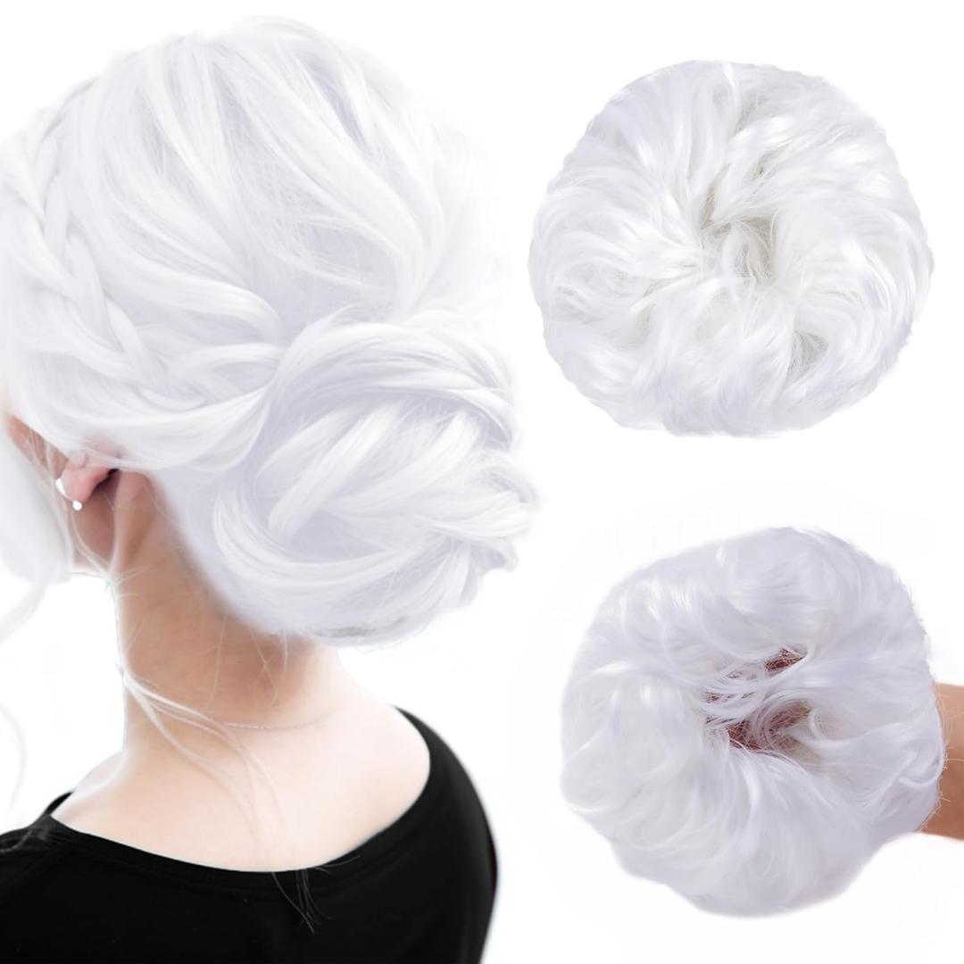 Messy Bun Hair Piece, 1PCS Hair Bun Hair Pieces for Women Girls Synthetic Wavy Curly Hair Bun Scrunchies Ponytail Extensions (White)