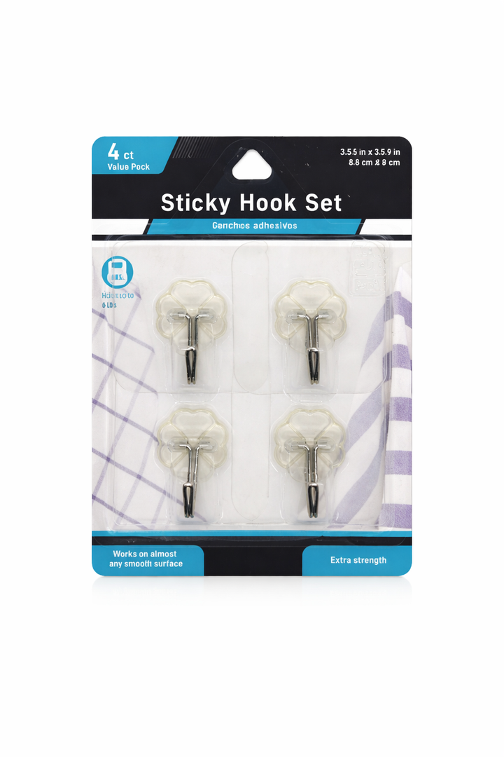 Sticky Hook Set, 4 Count, Clear, 6cmx6cm