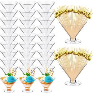 Irenare Clear Plastic Martini Glasses and Gold Pearl Cocktail Picks Set Disposable Plastic Martini Cups Clear Mini Dessert Glasses for Weddings Party Wine Appetizers Food(100 Pcs,5 oz)