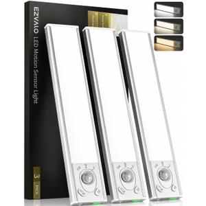 EZVALO Under Cabinet Lighting Wireless, 3Pack 8'' Rechargeable Motion Sensor Light Indoor, LED Closet Lights, Dimmable & 3 Color Temps Battery Operated with Power Display, for Kitchen, Stairs, Bedside