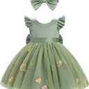 IDOPIP Toddler Baby Girls Tutu Dress Embroidery Strawberry Birthday Party Dresses Princess Pageant Bowknot Gown with Headwear (12-18 Months, Green)