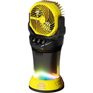 Wilody Misting Fan Portable Battery Powered with Remote Control, Camping Fan with RGB Ambient Light with 2L Bucket, Battery Indicator, 120 Auto Oscillating, Timing Function, Grip Handle(Yellow)