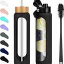32 oz Glass Water Bottles - 1 Liter Motivational Tumbler Water Bottle Time Marker - Borosilicate Glass Water Bottle With Silicone Sleeve and 2 Lids, Handle Spout & Bamboo Straw Lid (Black)