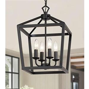 AMZASA Farmhouse Rustic Black Lantern Chandelier Hanging Light Fixture 4-Lights for Kitchen Island Dining Room Hallway Entryway Foyer UL Listed