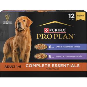 Purina Pro Plan Complete Essentials Wet Dog Food, Lamb and Vegetables and Turkey and Vegetables in Gravy Variety Pack - (Pack of 12) 13 oz. Cans (EXP 03/31/28)