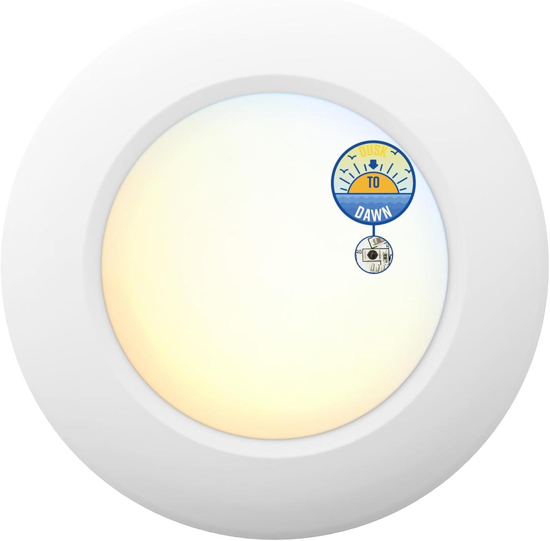 6 Inch LED Low Profile Disk Light with Dusk to Dawn Sensor, 120VAC, 15W, 5CCT Color Changing, 1000LM, Non-Dimmable, ETL, Shower Rated Screw in Photocell Ceiling Light, White/1 Pack