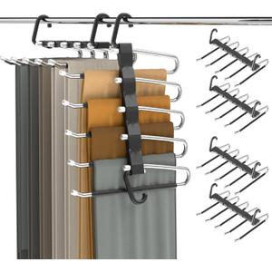Pants Hangers Space Saving - 4 PCS Closet Organizer and Storage Jean Hangers, Stainless Steel Anti-Slip Clothes Hanger Scarf Holder Pants for Jeans Leggings Trousers Rack for Back to School, Black