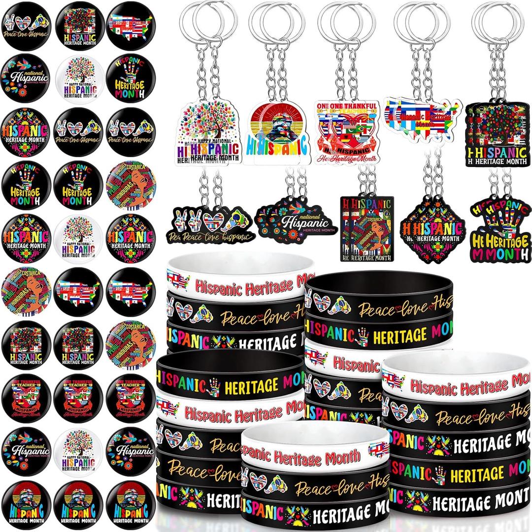 Kenning 300 Pcs Hispanic Heritage Month Giveaways Acrylic Keychains, Silicone Bracelets, Button Pins Gift Bulk for Women, Men, and Cultural Celebrations