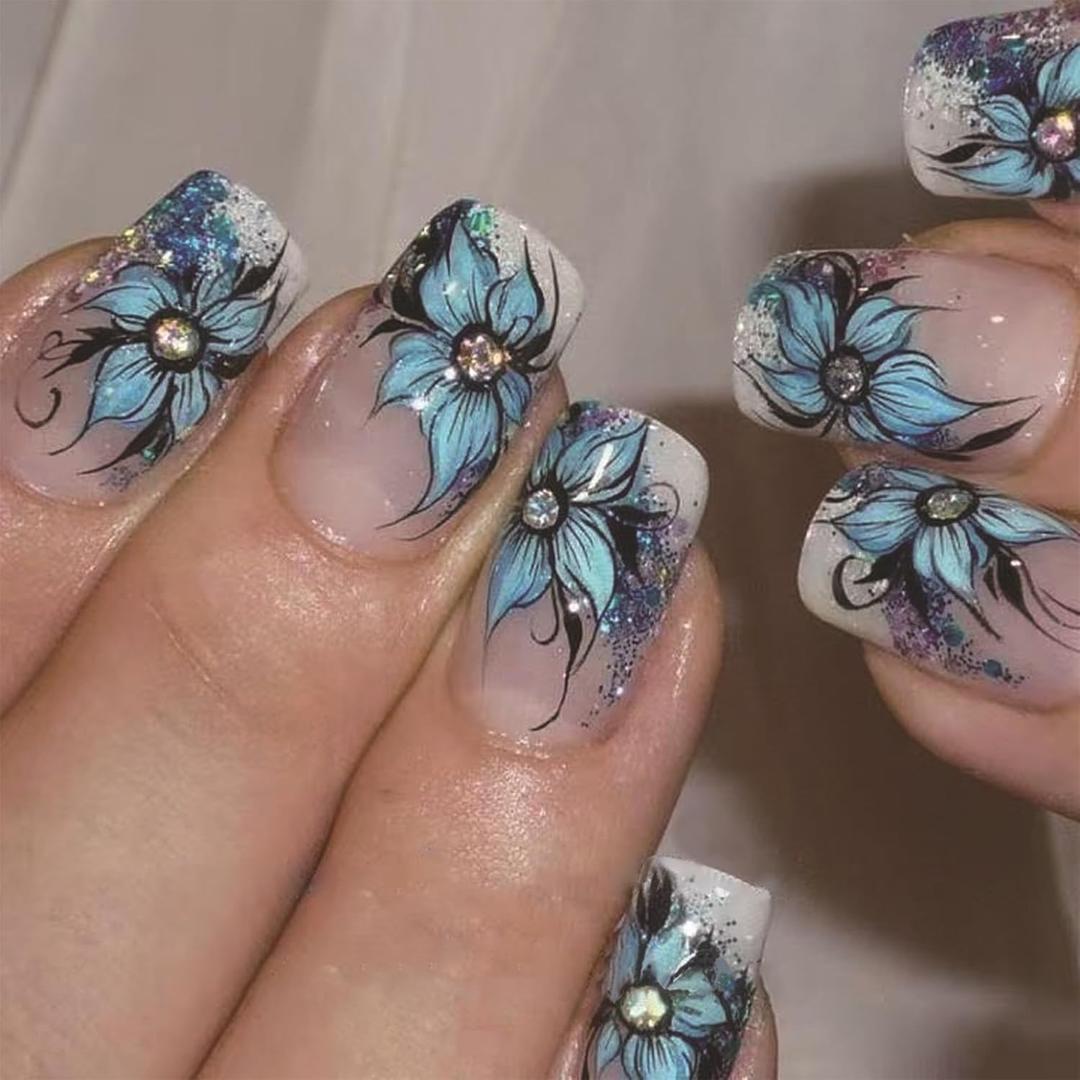 4 x IMSOHOT Short Square Press on Nails Blue Flower Fake Nails with Design Summer Floral Glue on Nails Glossy Reusable Full Cover Squoval Artificial False Nails for Women Girls 24Pcs